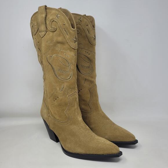 Zara Boots Women EU42 US11 Tan Suede Western Embroidered Cowgirl Rodeo Tall NEW - Picture 2 of 16
